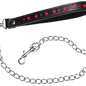 Valentines Leather Leash 24&quot; Leather and Chain Leash Black with Red Hearts (LB177H)