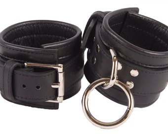 Wrist Cuffs, Black Genuine Leather Handcuffs, BDSM Gear Restraints, Cosplay Costume Bondage