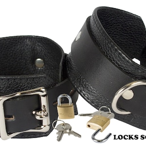 Locking Ankle Cuffs Black Genuine Leather Restraints (LBSV510A)