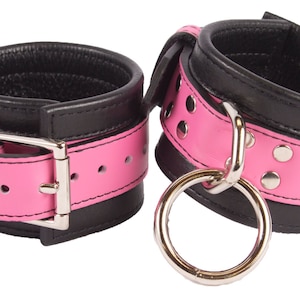 Wrist Cuffs Hot Pink and Black Leather Handcuffs (LB313PK)