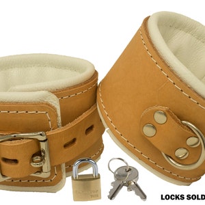Padded Locking Ankle Cuffs Thick Hospital Style Tan/White Leather Restraints