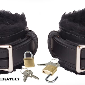 Locking Ankle Cuffs Black Leather with Black Faux Fur Lining Restraints (LBSV501ABK)