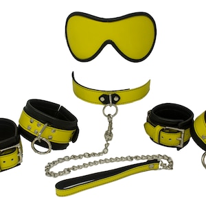 Bondage Kit Yellow Leather, Blindfold Collar Leash Wrist and Ankle Cuffs