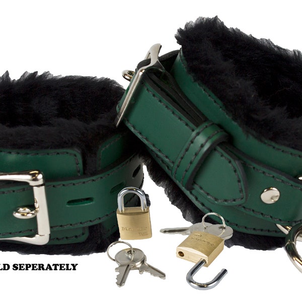 Ankle Cuffs, Green Leather with Black Faux Fur Lining. BDSM Kinky Slave/Master Restraint Bondage