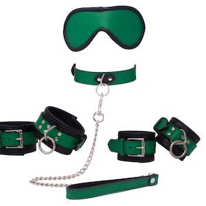 Bondage Kit Green Leather, Blindfold Collar Leash Wrist and Ankle Cuffs