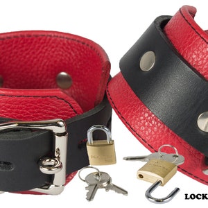 Locking Wrist Cuffs Red and Black Leather Handcuffs (LBTL100W)