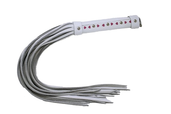 Valentines White Leather Whip with Pink Inlay Hearts 20"