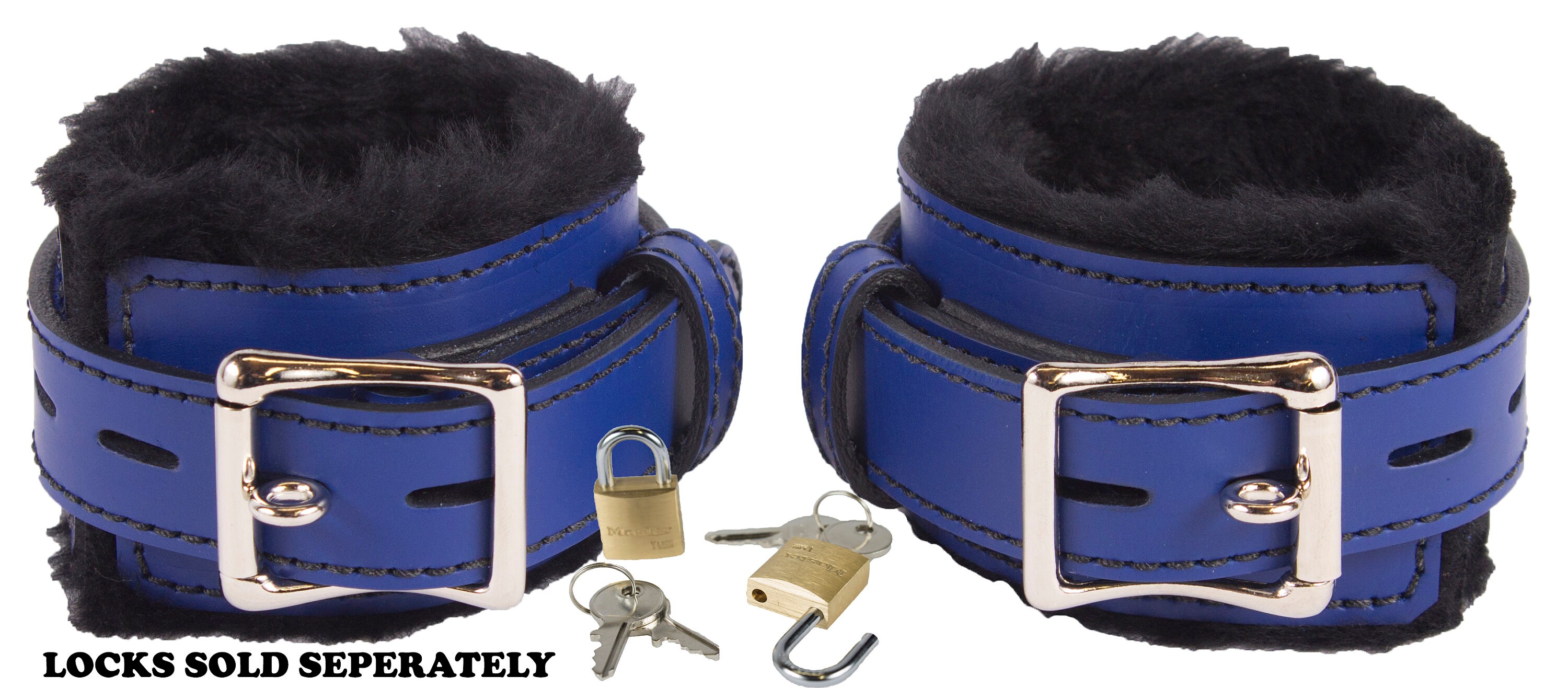 【見本】　レザー　hand cuffs　黒/青 Locking Wrist Cuffs Blue Leather With Black Faux Fur Lining