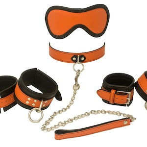Bondage Kit Orange Leather, Blindfold Collar Leash Wrist and Ankle Cuffs