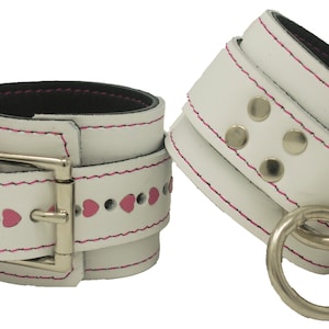 Wrist Cuffs White with Hot Pink Hearts Leather Valentine&#39;s Handcuffs