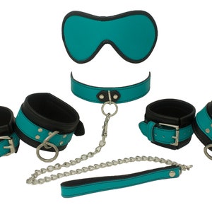 Bondage Kit Turquoise Leather, Blindfold Collar Leash Wrist and Ankle Cuffs
