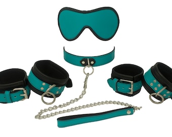 Zestaw do bondage'u Turkusowa skóra, obroża z zapięciem na oczy, smycz, kajdanki na nadgarstki i kostki