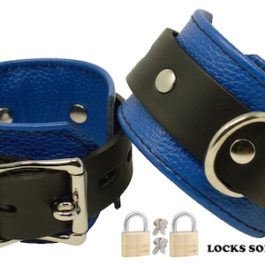 Locking Ankle Cuffs Blue and Black Leather Restraints (LBSL208A)