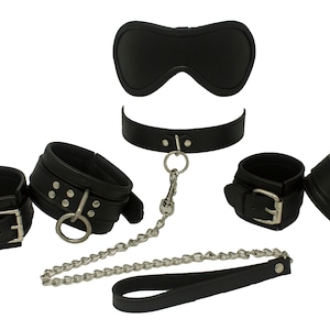 Bondage Kit Black Leather, Blindfold Collar Leash Wrist and Ankle Cuffs