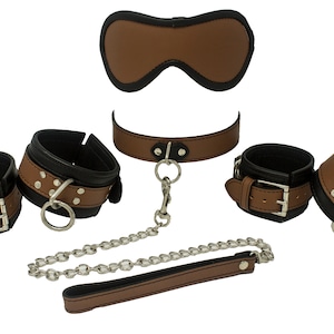 Bondage Kit Brown Leather, Blindfold Collar Leash Wrist and Ankle Cuffs