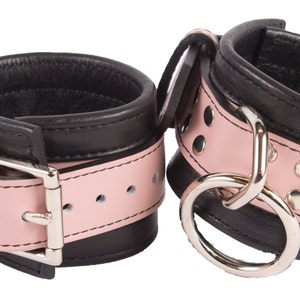 Wrist Cuffs Light Pink and Black Leather Handcuffs (LB313LPK)