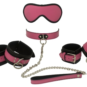 Bondage Kit Hot Pink Leather, Blindfold Collar Leash Wrist and Ankle Cuffs