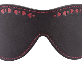 Genuine Leather Valentines Blindfold Black with Red Hearts