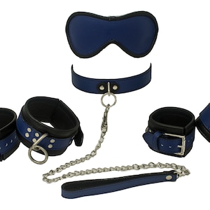 Bondage Kit Blue Leather, Blindfold Collar Leash Wrist and Ankle Cuffs