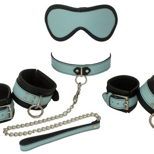 Bondage Kit Light Blue Leather, Blindfold Collar Leash Wrist and Ankle Cuffs
