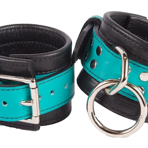 Wrist Cuffs Turquoise and Black Leather Handcuffs (LB313TQ)
