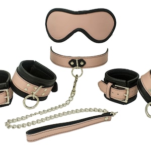 Bondage Kit Light Pink Leather, Blindfold Collar Leash Wrist and Ankle Cuffs