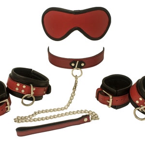 Bondage Kit Red Leather, Blindfold Collar Leash Wrist and Ankle Cuffs