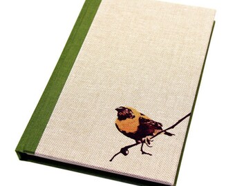 Handmade Linen Blank Book with Bird Print "Chirpy Bird"