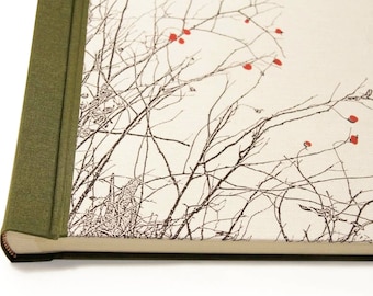 Handmade Photo Album Natural Ivory Linen Red Blossom Branches "Kazé"