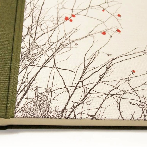 Handmade Photo Album Natural Ivory Linen Red Blossom Branches "Kazé"