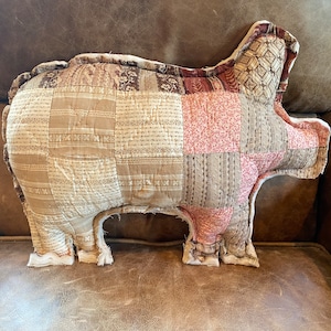 ANTIQUE QUILT large pig pillow/ charmingly tattered / barnyard animal/ farmhouse/ cottage nursery/ primitive/ stunning quilt