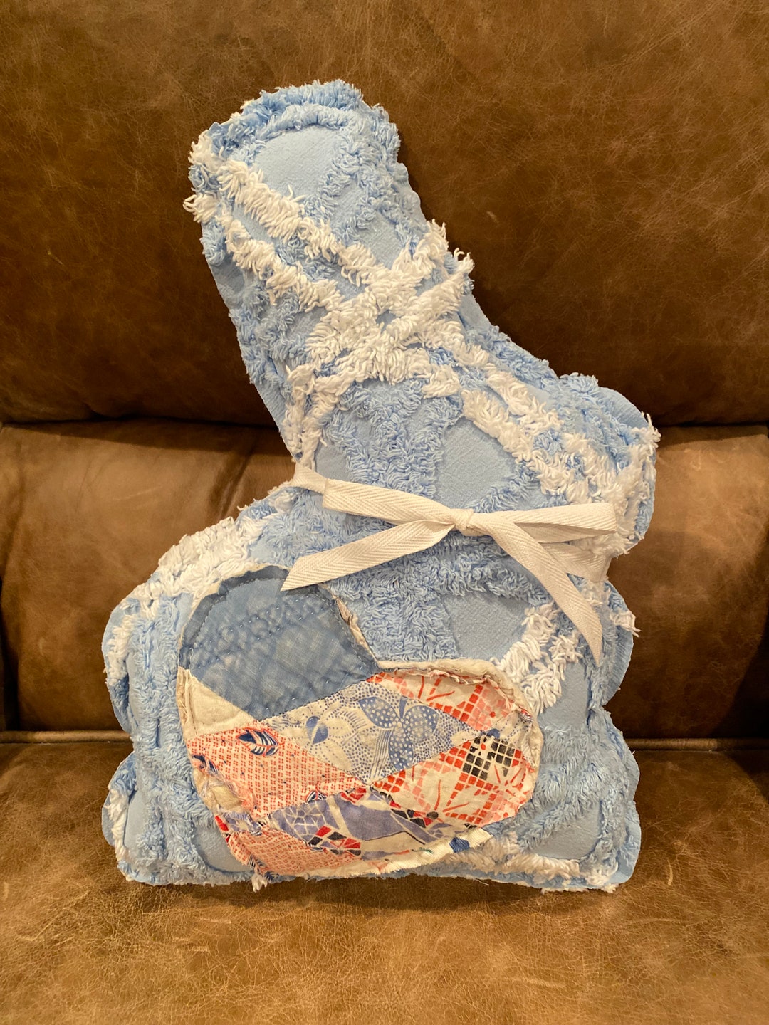LARGE RARE BLUE Vintage Chenille Bunny With Antique Quilt Heart Patch ...
