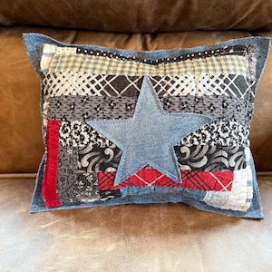 ANTIQUE log cabin quilt with vintage denim star mini pillow