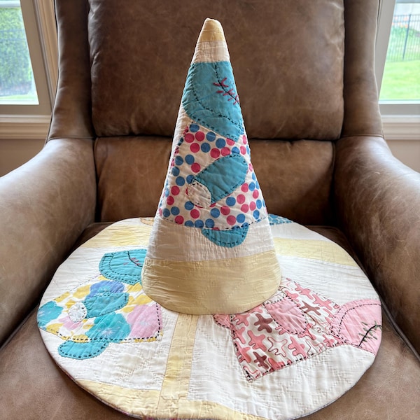 Antique Sue Bonnet quilt wearable witch hat/ decor