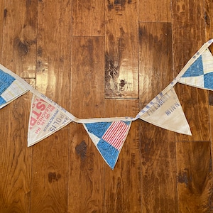 ADORABLE ANTIQUE QUILT and Vintage Pillsbury feed bag banner/ set of 5 flags