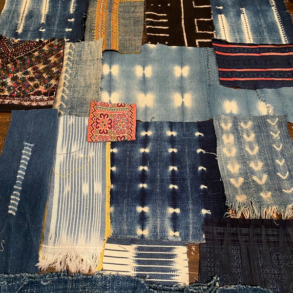 VINTAGE AFRICAN INDIGO's/ Baules. Vintage Hmong Cross stitch./ Indian embroidery/ African Mudcloth scraps #76