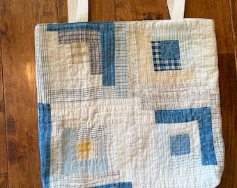 Bolso de tela antiguo y raro con diseño de cabaña de troncos / encantadoramente desgastado / impresionante bolso de tela azul con diseño de cabaña de troncos