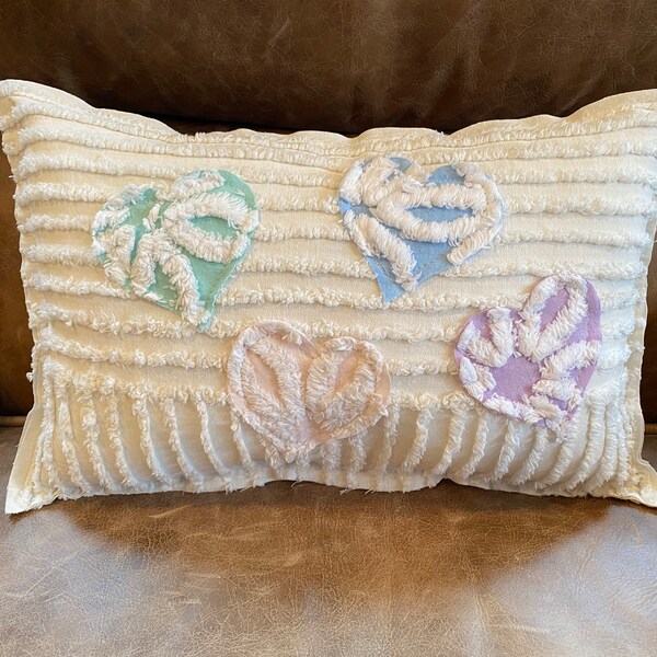 Sale ! VINTAGE CHENILLE hearts on a vintage chenille pillow/ now with chenille on the back of pillow