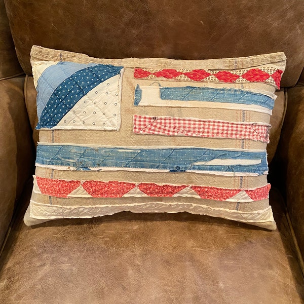 AMAZING ANTIQUE Grainsack pillow with antique frayed quilt stripes/ top part of Bemis bag is original / super cool one of kind handmade