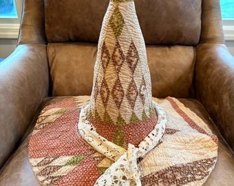 NEW WIDER HEAD size!! Extra large antique quilt witch hat decor or for wearing!!/ tattered quilt with antique lace trim