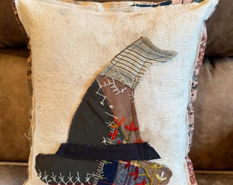 ANTIQUE CRAZY quilt witch hat grainsack pillow. primitive Halloween. cottage farmhouse/ handmade