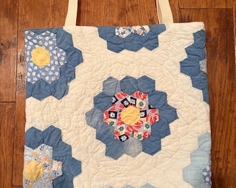 Bolso pequeño antiguo azul raro con diseño de jardín de flores de la abuela, forrado con dos bolsillos interiores.