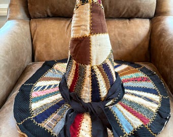 RARE ANTIQUE CRAZY quilt extra large witch hat for decor/ wearable for a Small head