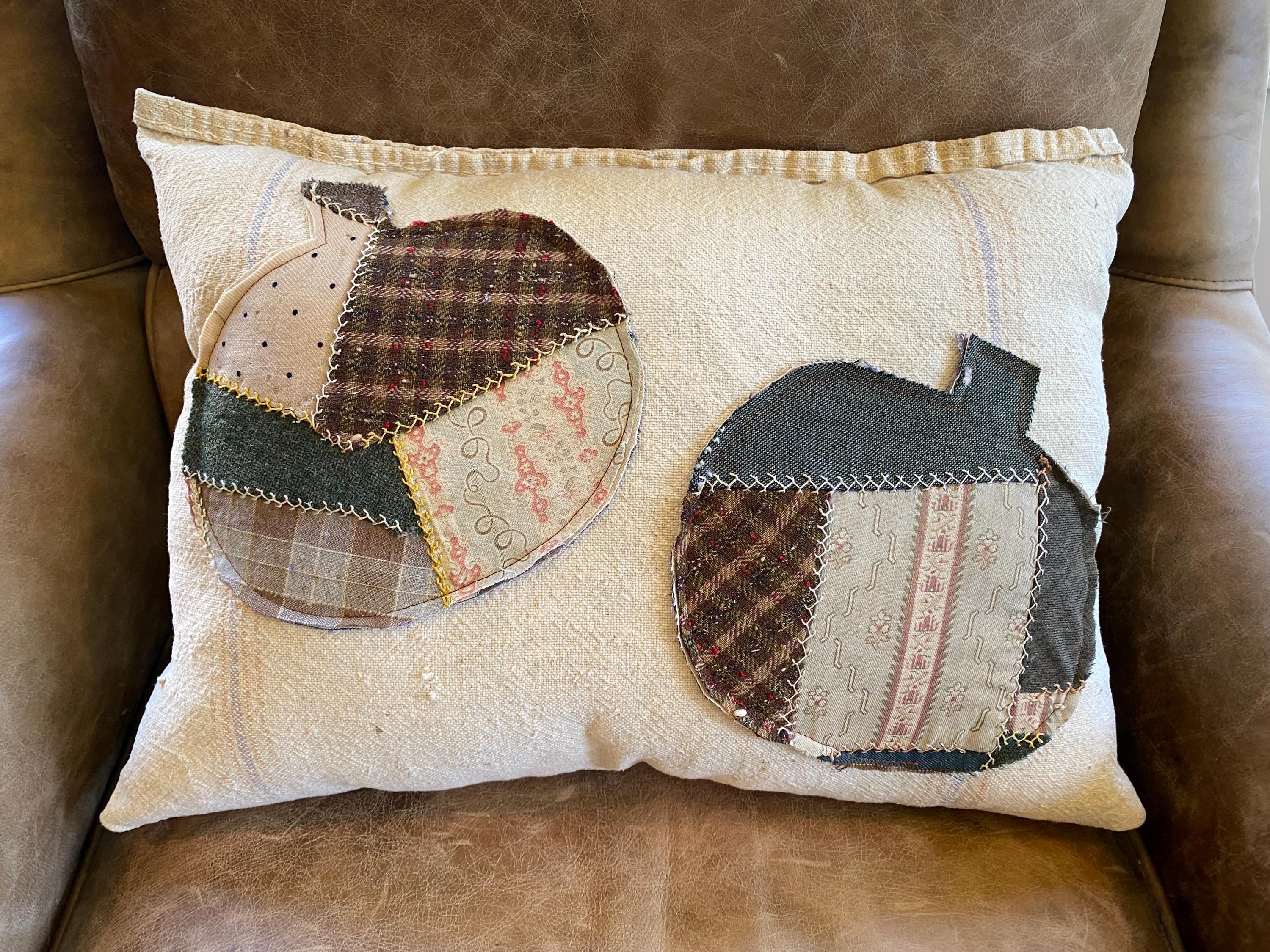Sale ANTIQUE CRAZY QUILT pumpkins patches on vintage grain sack pillow/ both sides grain sack with super cool original top part / primitive/