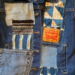 SALE UPCYCLED VINTAGE Denim Jacket With Vintage Patches/ African Indigo ...