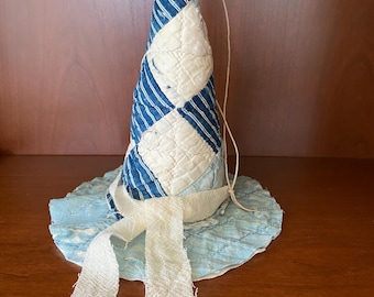 MEDIUM ANTIQUE QUILT hanging witch hat/ charmingly tattered !. primitive/ peg hanger/ cottage/ farmhouse/ shelf sitter