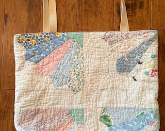 Bolso tote antiguo con diseño de abanico descolorido / Encantadoramente desgastado / Forrado con dos bolsillos interiores / Bonito forro de cuadros vichy rosa