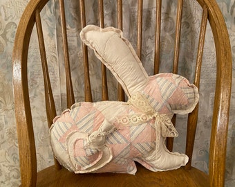 LARGE ANTIQUE QUILT Farmhouse Bunny with cute heart pocket / small carrot in heart too