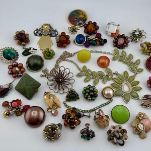 May include: A selection of vintage jewellery, including brooches, earrings, and a necklace. The pieces feature various colours, shapes, and materials, such as green, brown, and gold tones. Some have floral and geometric designs.