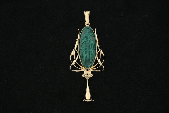 Flowers pendant, Stone- Malachite, Solid 18k Yellow Gold, one of a kind # 425